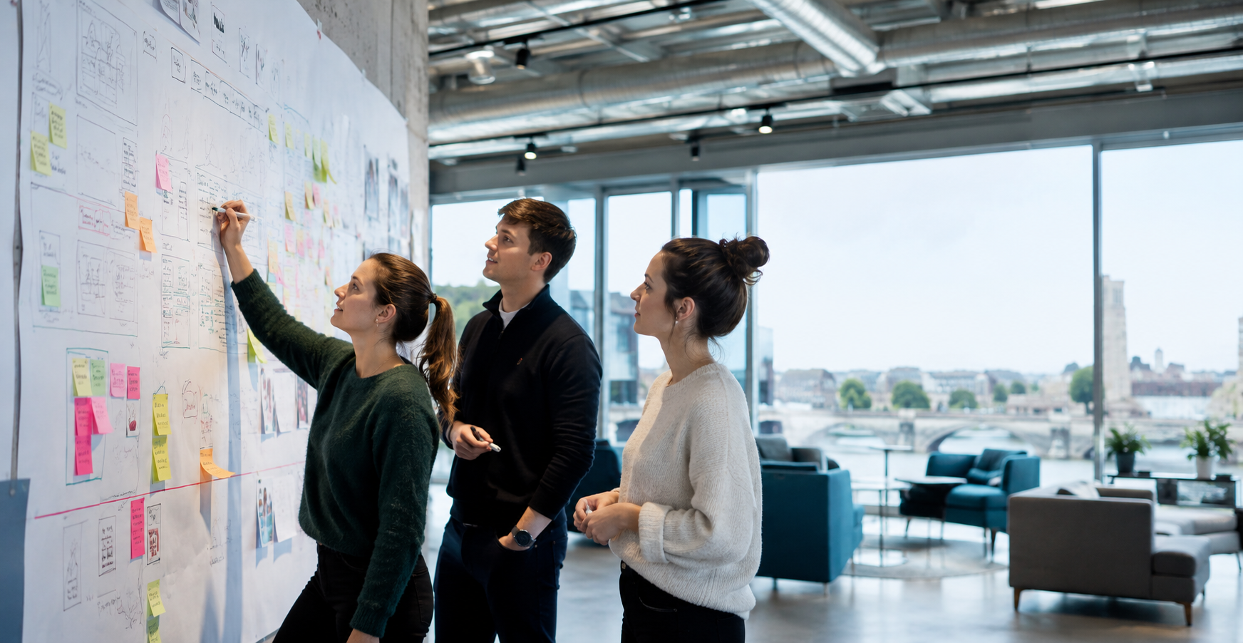 Young founders collaborating on a strategy wall in a Limerick innovation hub